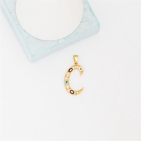 14K Solid Gold Evil Eye Beaded Eye C Letter Necklace