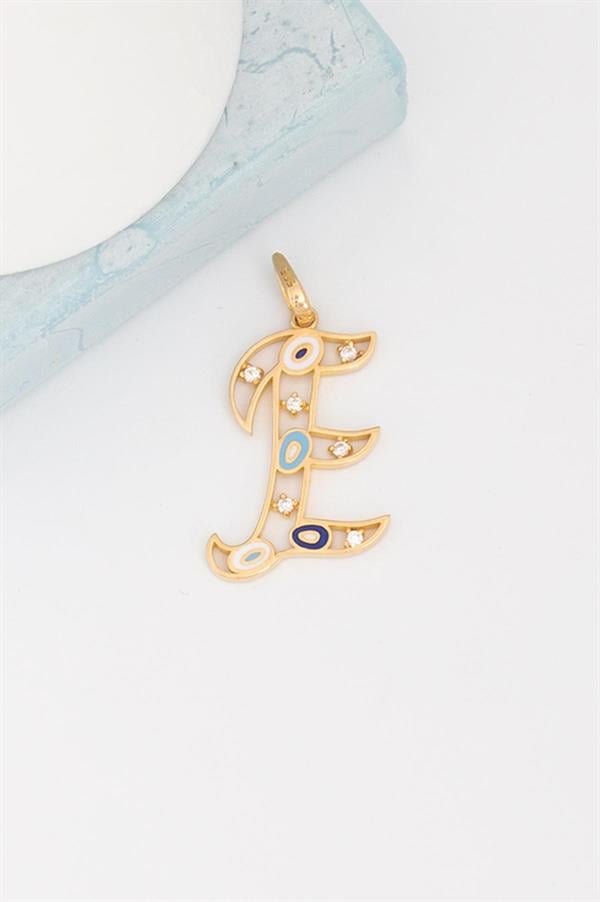 14K Solid Gold Evil Eye Beaded Eye E Letter Pendant