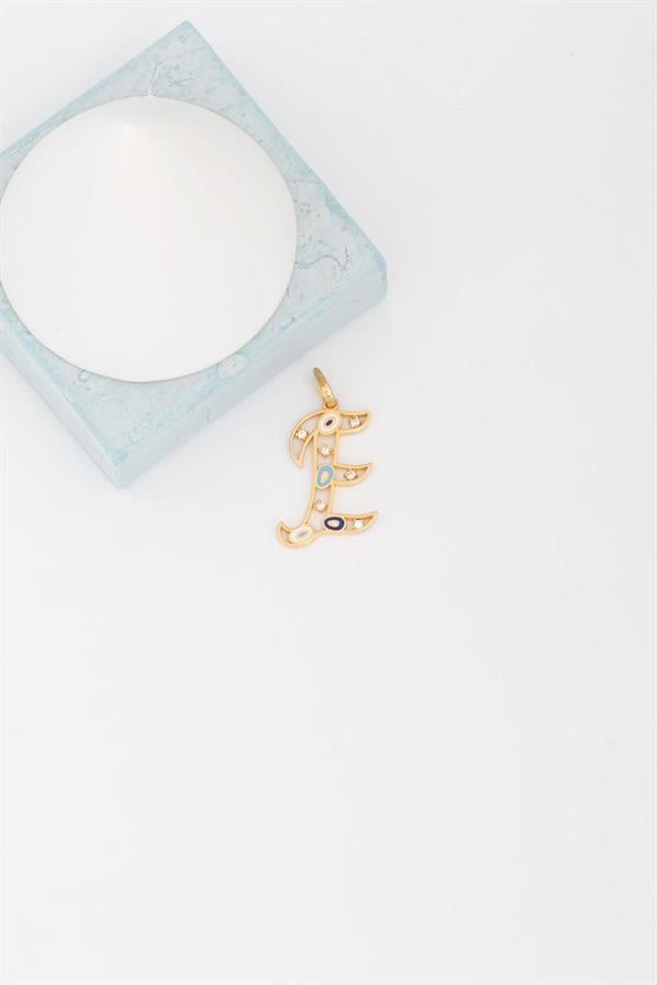 14K Solid Gold Evil Eye Beaded Eye E Letter Pendant