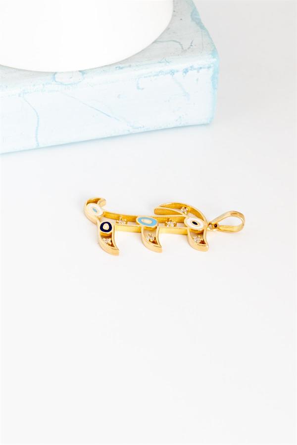 14K Solid Gold Evil Eye Beaded Eye E Letter Pendant