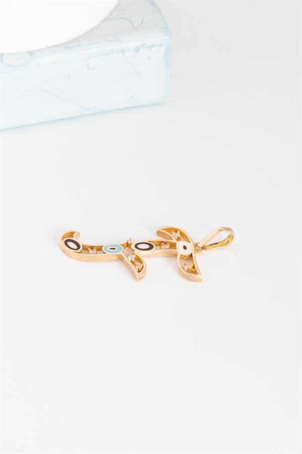 14K Solid Gold Evil Eye Beaded Eye F Letter Pendant