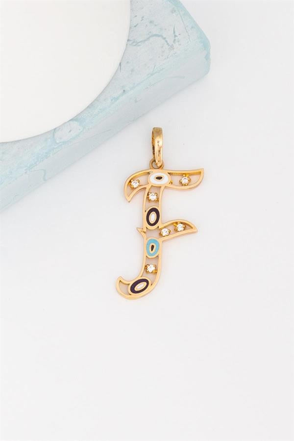 14K Solid Gold Evil Eye Beaded Eye F Letter Pendant