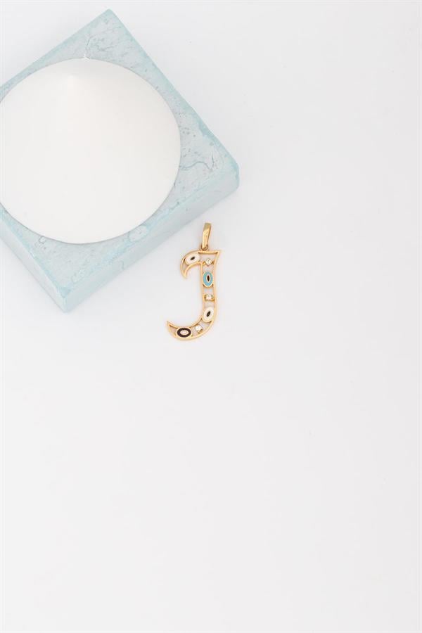 14K Solid Gold Evil Eye Beaded Eye J Letter Pendant
