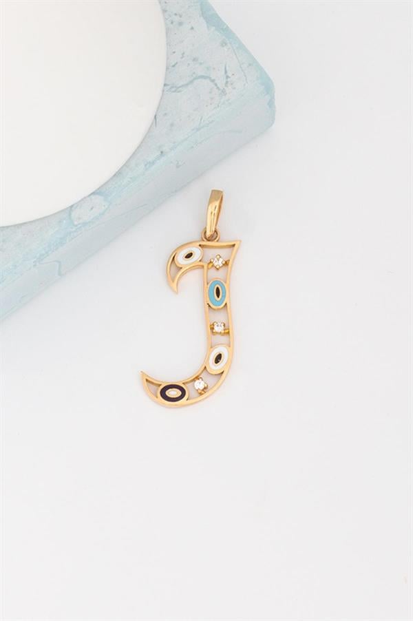 14K Solid Gold Evil Eye Beaded Eye J Letter Pendant
