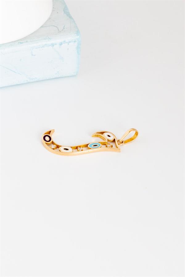 14K Solid Gold Evil Eye Beaded Eye J Letter Pendant