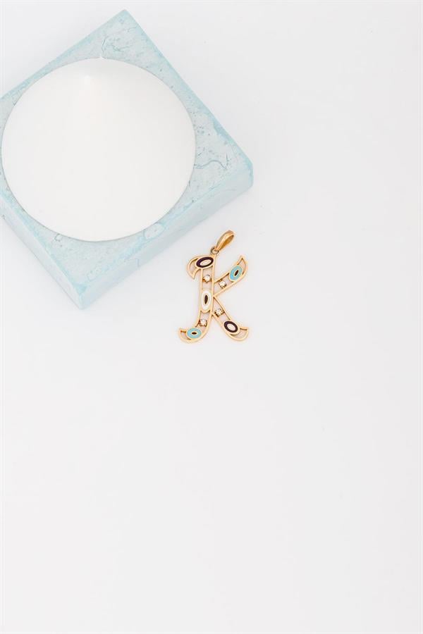 14K Solid Gold Evil Eye Beaded Eye K Letter Necklace