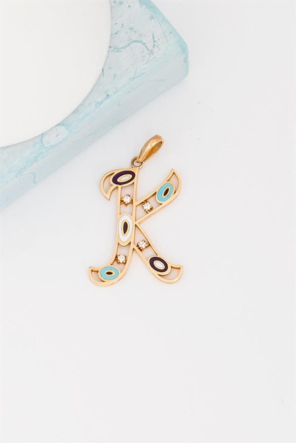 14K Solid Gold Evil Eye Beaded Eye K Letter Necklace