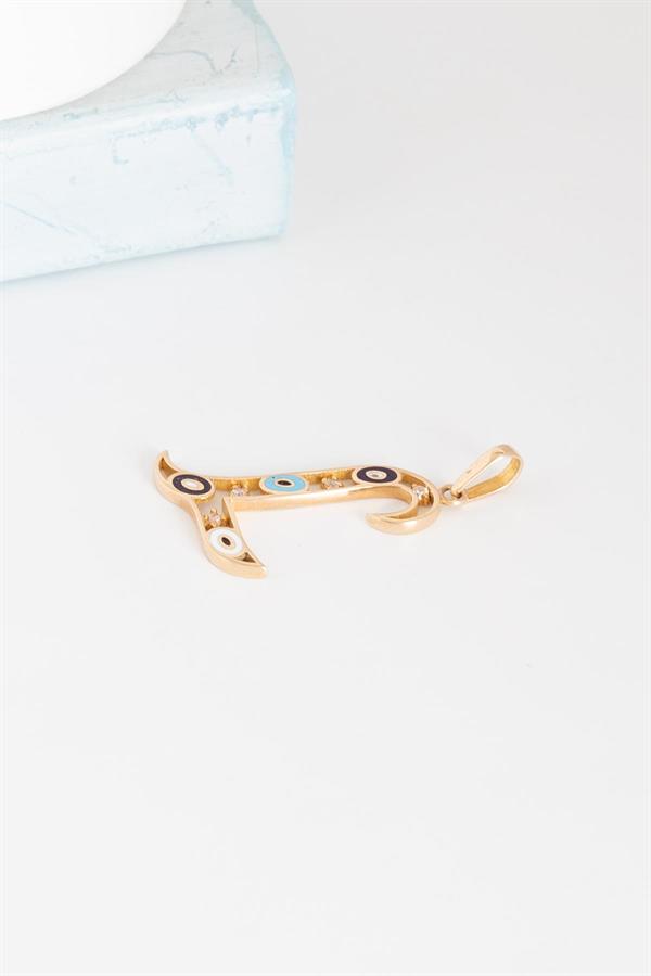 14K Solid Gold Evil Eye Beaded Eye L Letter Pendant