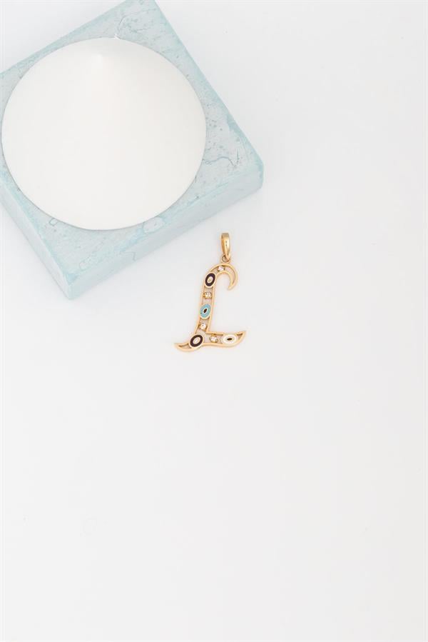 14K Solid Gold Evil Eye Beaded Eye L Letter Pendant