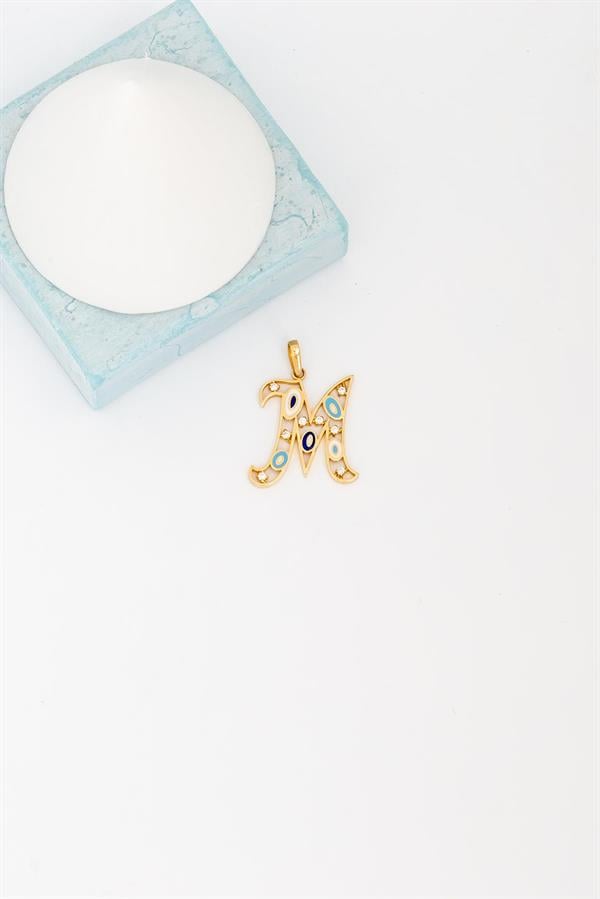 14K Solid Gold Evil Eye Beaded Eye M Letter Necklace