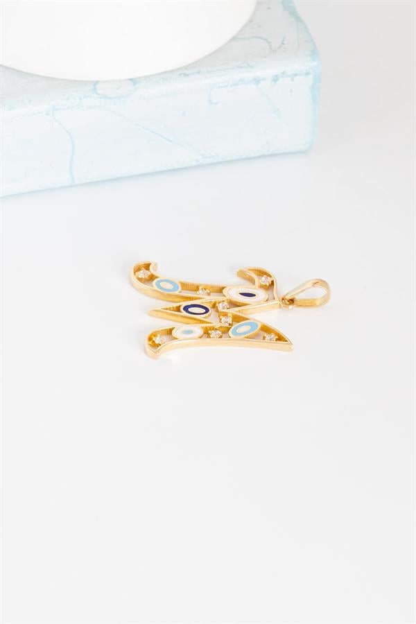 14K Solid Gold Evil Eye Beaded Eye M Letter Necklace