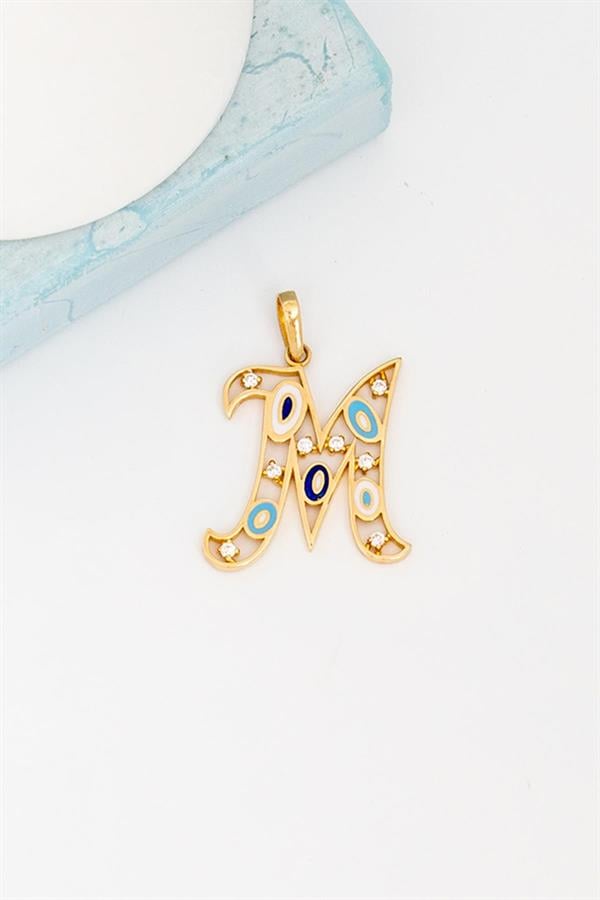 14K Solid Gold Evil Eye Beaded Eye M Letter Necklace