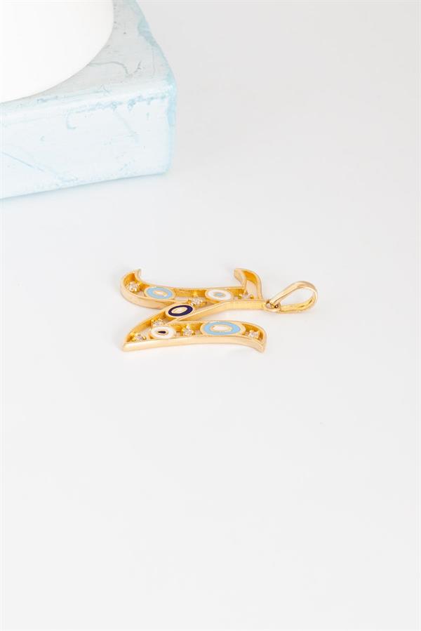 14K Solid Gold Evil Eye Beaded Eye N Letter Pendant