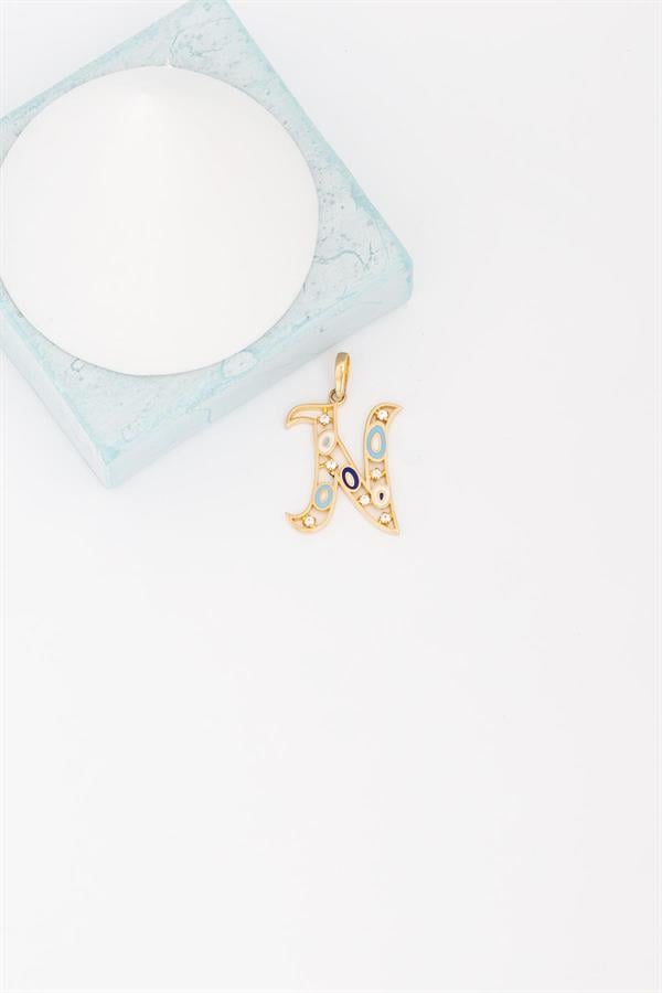 14K Solid Gold Evil Eye Beaded Eye N Letter Pendant