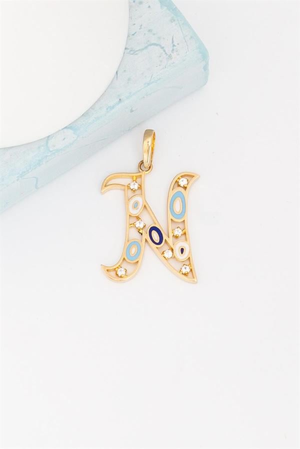 14K Solid Gold Evil Eye Beaded Eye N Letter Pendant