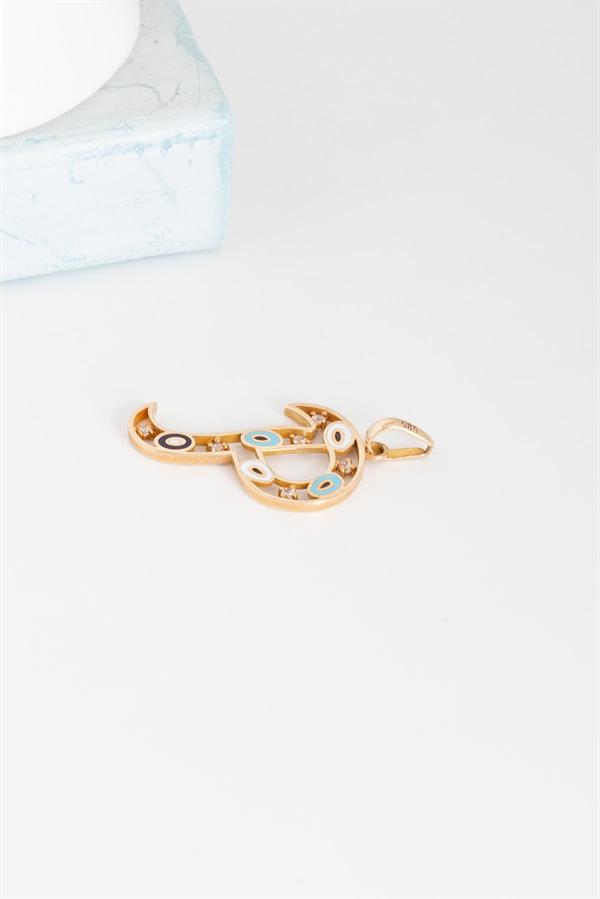 14K Solid Gold Evil Eye Beaded Eye P Letter Pendant