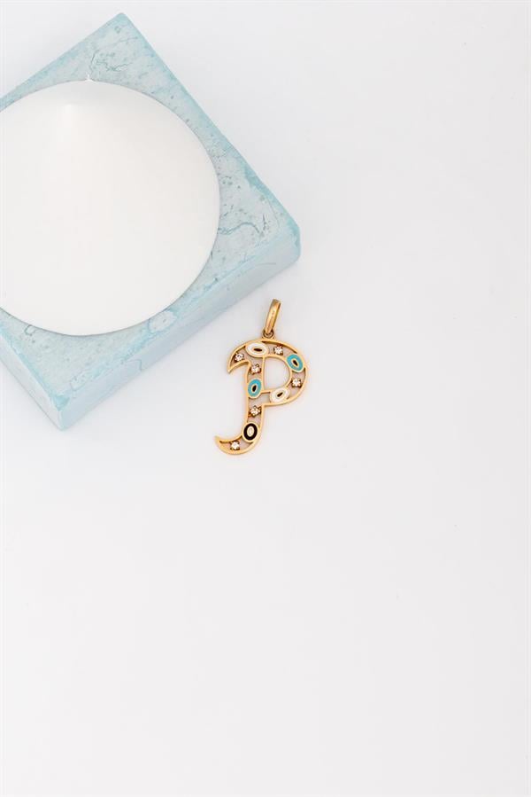 14K Solid Gold Evil Eye Beaded Eye P Letter Pendant