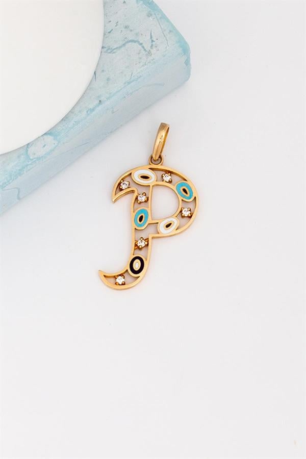 14K Solid Gold Evil Eye Beaded Eye P Letter Pendant