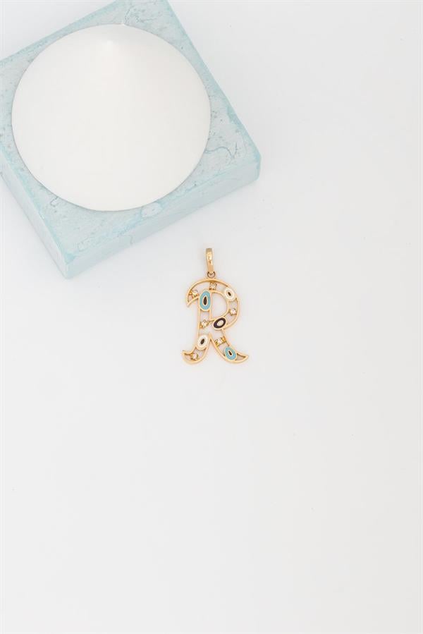 14K Solid Gold Evil Eye Beaded Eye R Letter Pendant