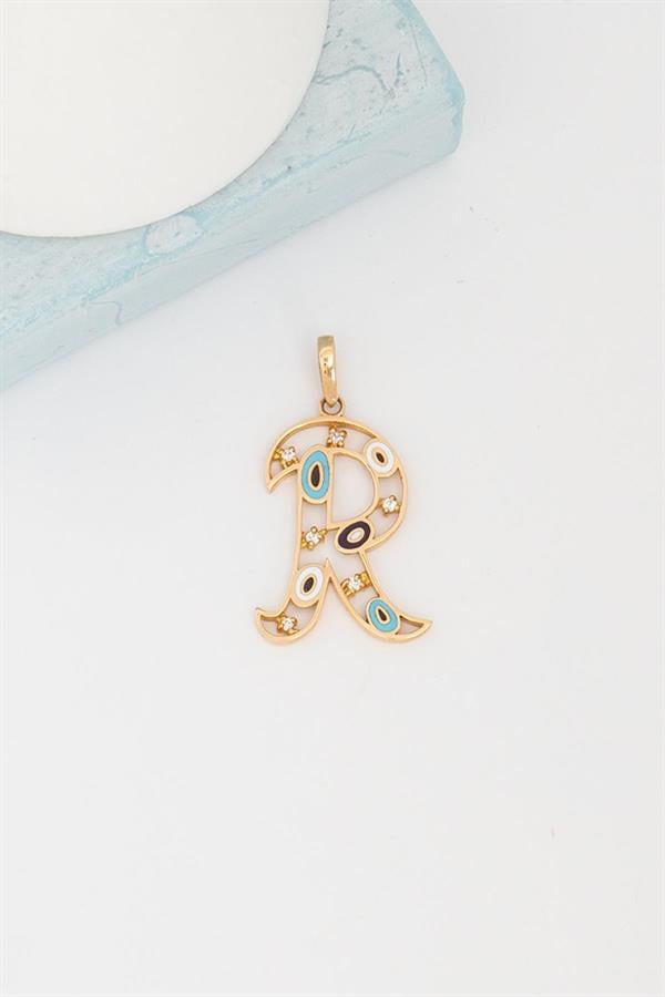 14K Solid Gold Evil Eye Beaded Eye R Letter Pendant