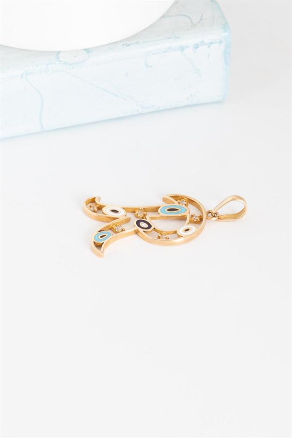 14K Solid Gold Evil Eye Beaded Eye R Letter Pendant