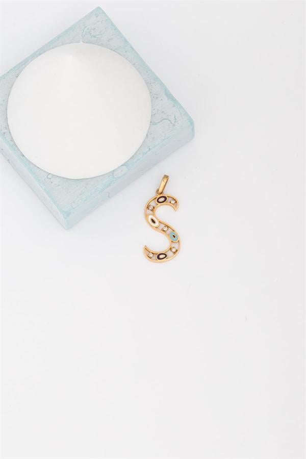 14K Solid Gold Evil Eye Beaded Eye S Letter Pendant