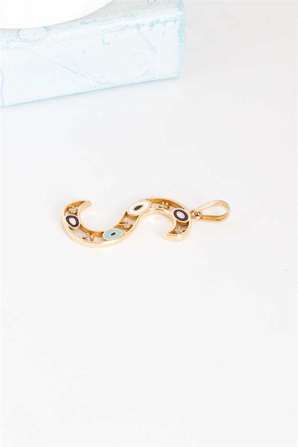 14K Solid Gold Evil Eye Beaded Eye S Letter Pendant