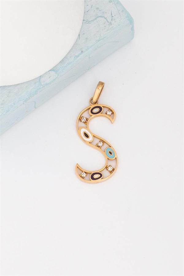 14K Solid Gold Evil Eye Beaded Eye S Letter Pendant