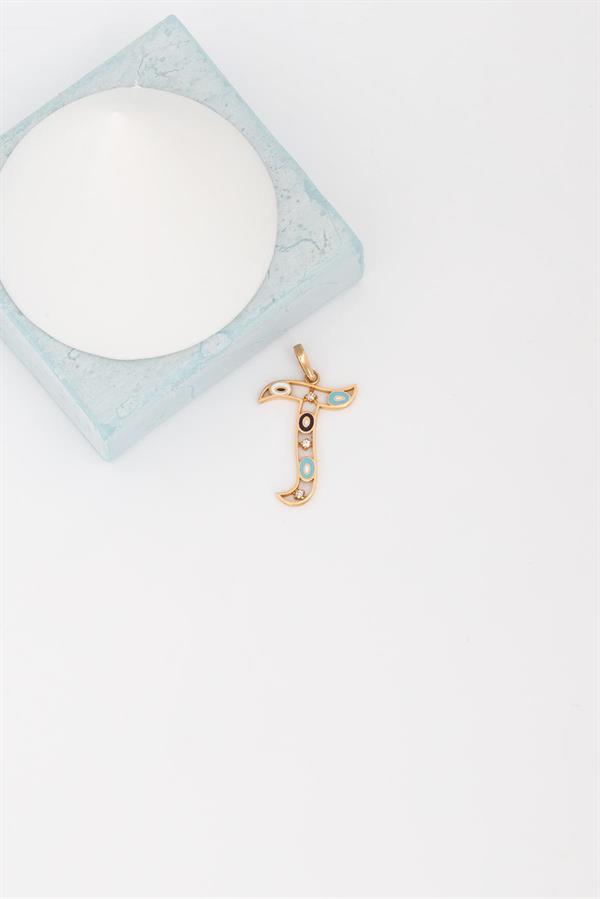 14K Solid Gold Evil Eye Beaded Eye T Letter Necklace