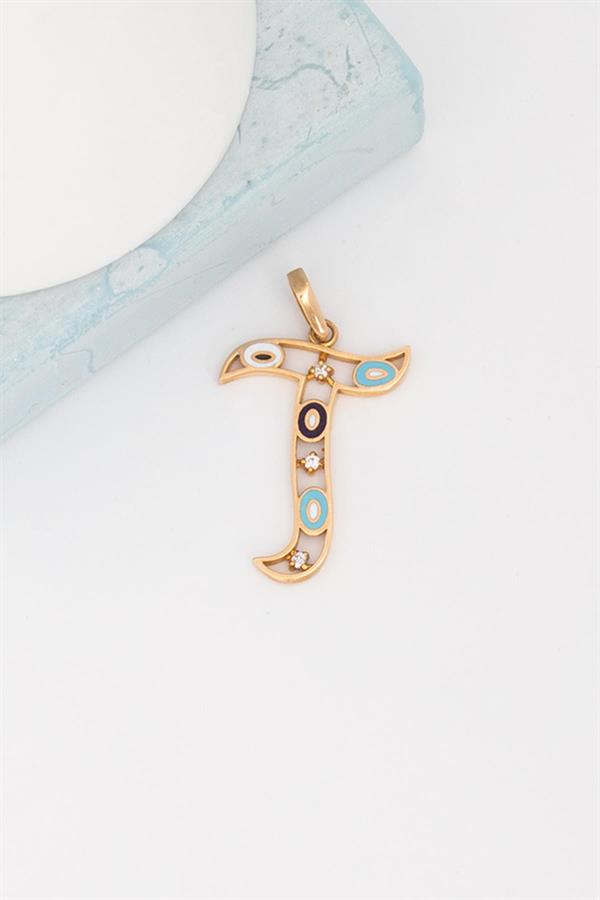 14K Solid Gold Evil Eye Beaded Eye T Letter Necklace