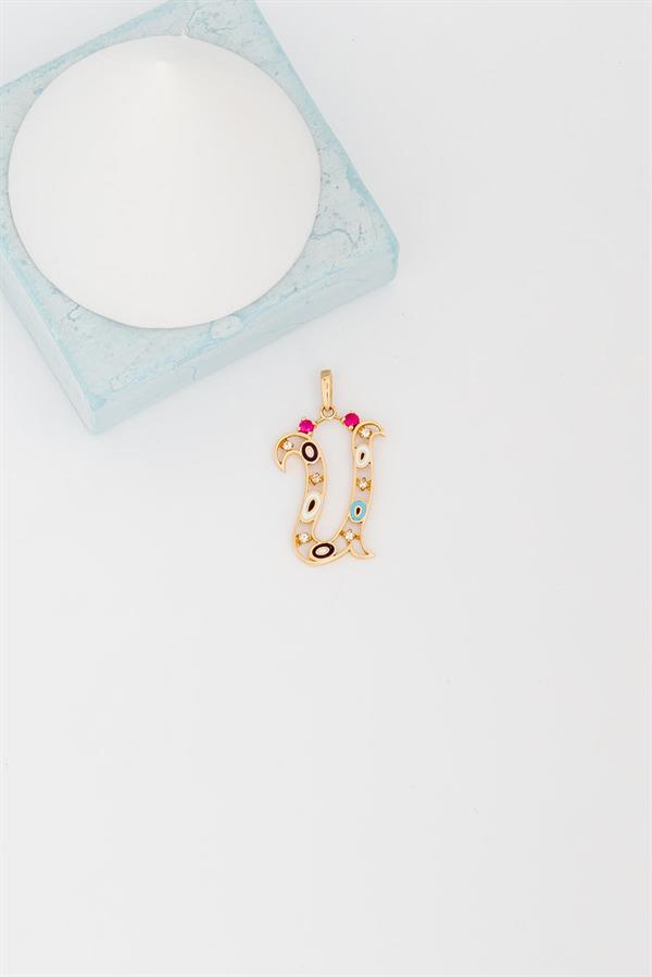 14K Solid Gold Evil Eye Beaded Eye U Letter Necklace