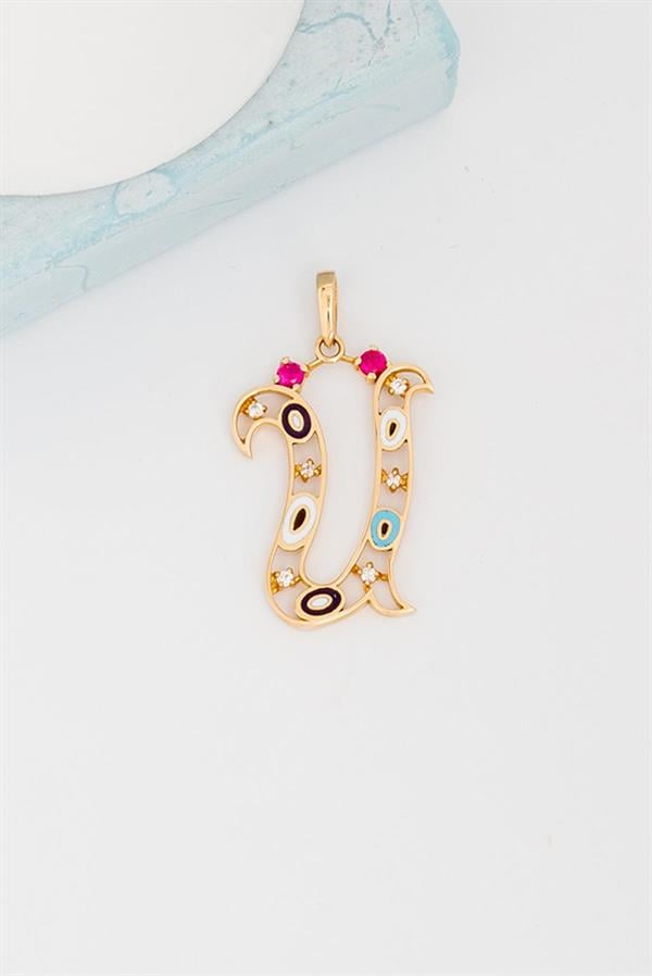 14K Solid Gold Evil Eye Beaded Eye U Letter Necklace