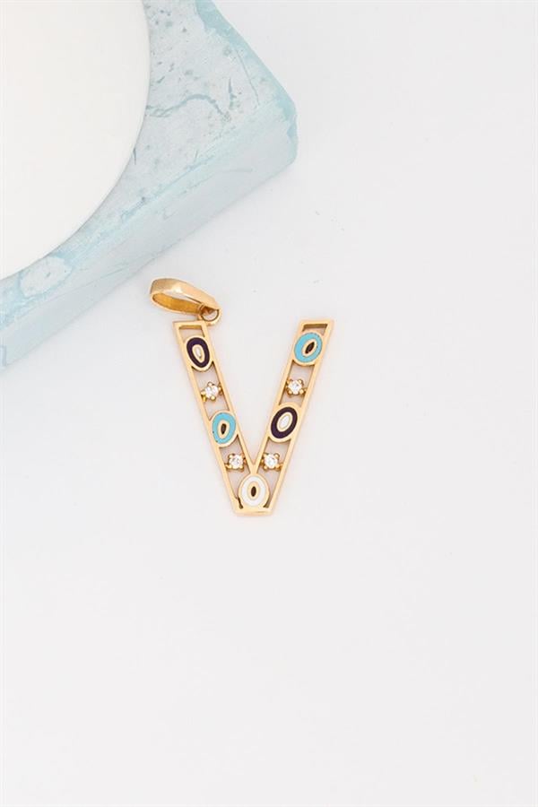 14K Solid Gold Evil Eye Beaded Eye V Letter Pendant