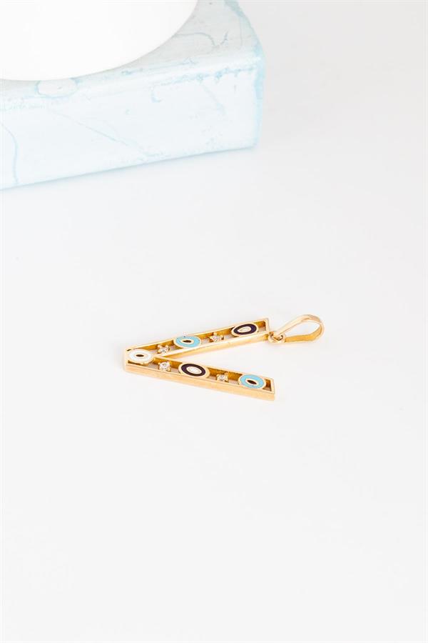 14K Solid Gold Evil Eye Beaded Eye V Letter Pendant