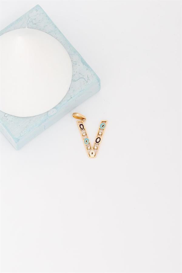 14K Solid Gold Evil Eye Beaded Eye V Letter Pendant