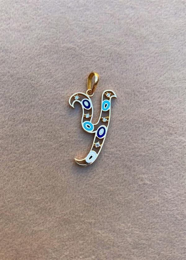 14K Solid Gold Evil Eye Beaded Eye Y Letter Eye Necklace