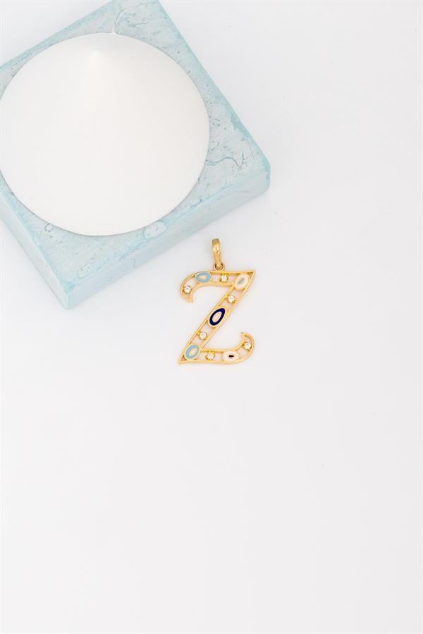 14K Solid Gold Evil Eye Beaded Eye Z Letter Pendant