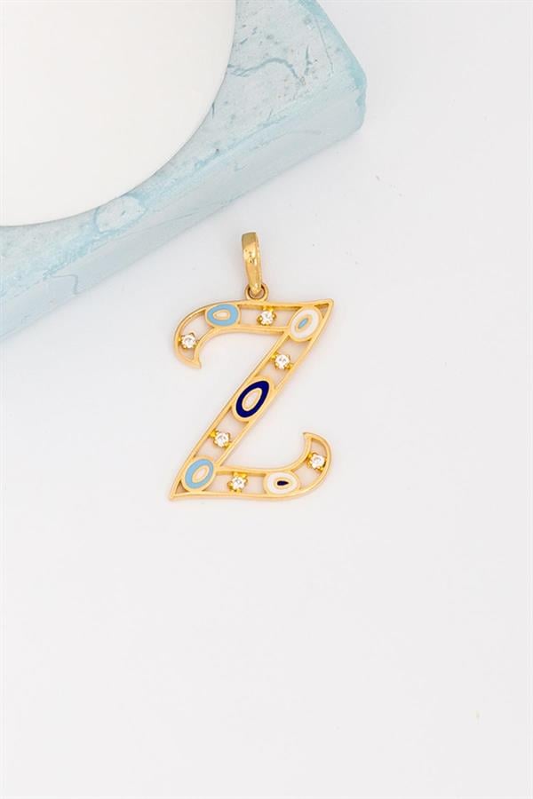 14K Solid Gold Evil Eye Beaded Eye Z Letter Pendant
