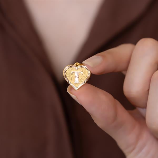 14 Ayar Altın T Harf Kalp Kolye Ucu