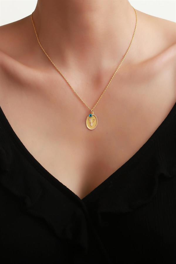 14 Ayar Altın V Harf Nostaljik Kolye