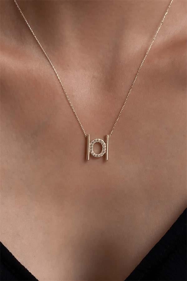 14 Ayar Altın O Harfi Taşlı Kolye