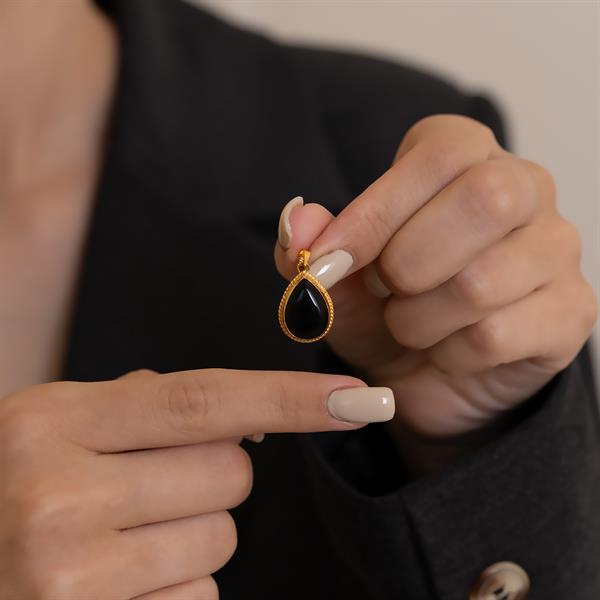 14K Solid Gold Onyx Stone Drop Necklace