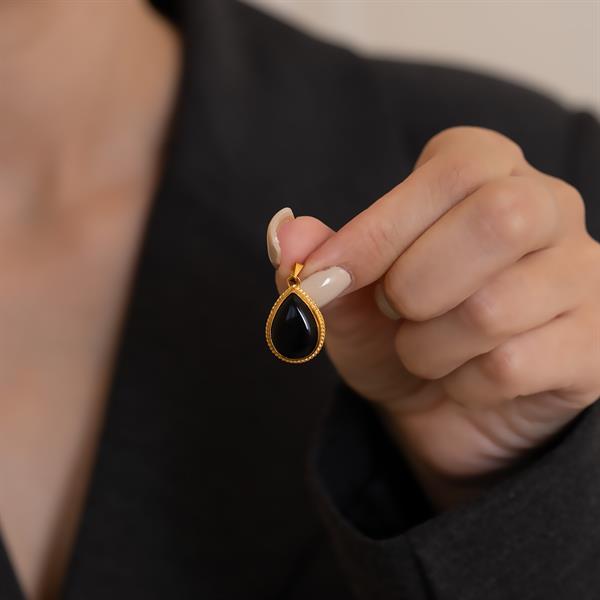 14K Solid Gold Onyx Stone Drop Necklace