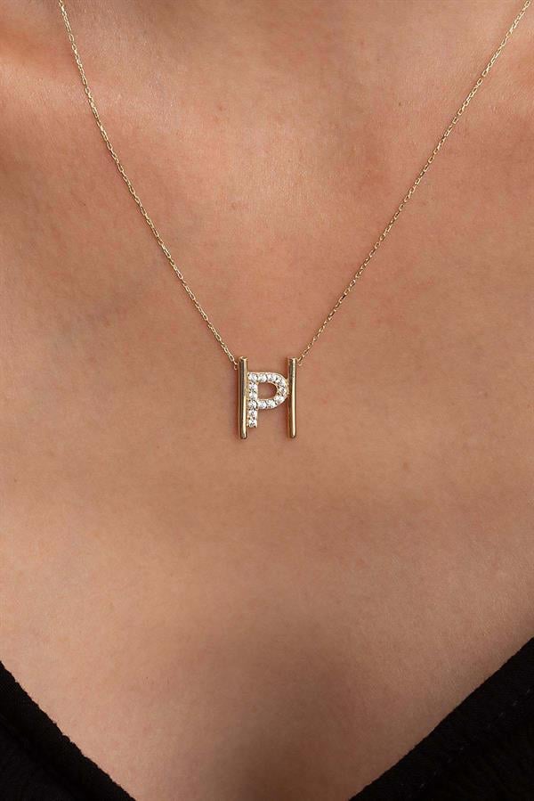 14 Ayar Altın P Harfi Taşlı Kolye