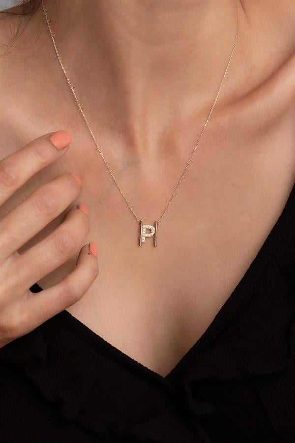 14 Ayar Altın P Harfi Taşlı Kolye