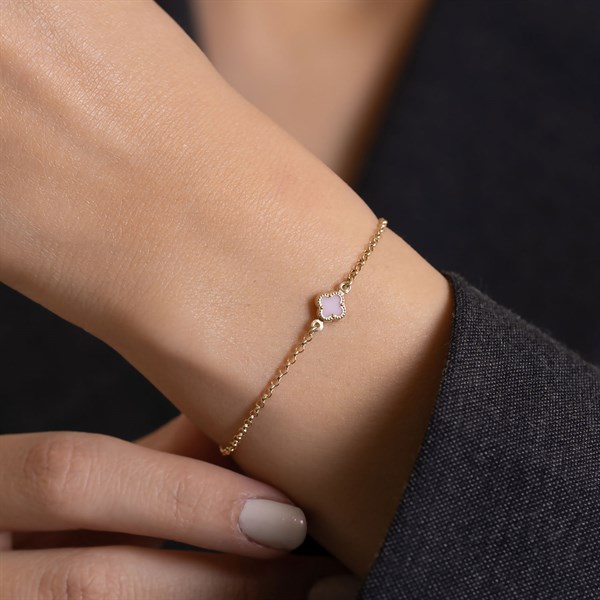 14 Ayar Altın Pembe Yonca Bileklik 6 mm
