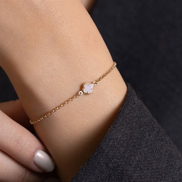 14 Ayar Altın Pembe Yonca Bileklik 6 mm