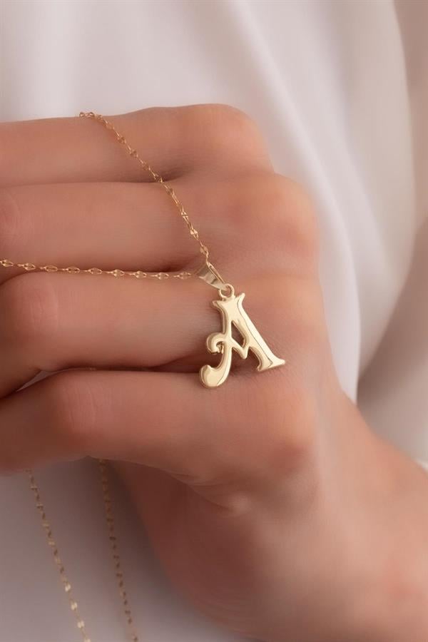 14K Solid Gold A Letter Cute Necklace