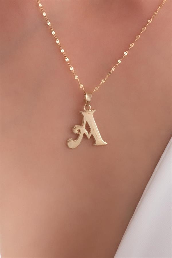 14K Solid Gold A Letter Cute Necklace