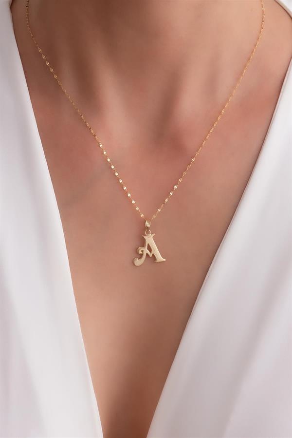 14K Solid Gold A Letter Cute Necklace